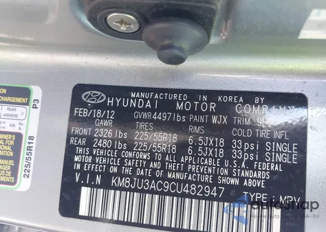 2012 Hyundai Tucson Limited from USA, damaged, VIN KM8JU3AC9CU482947